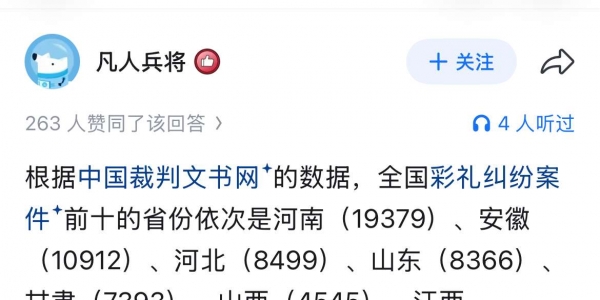 全国彩礼纠纷案件前十的省份竟然有江苏？